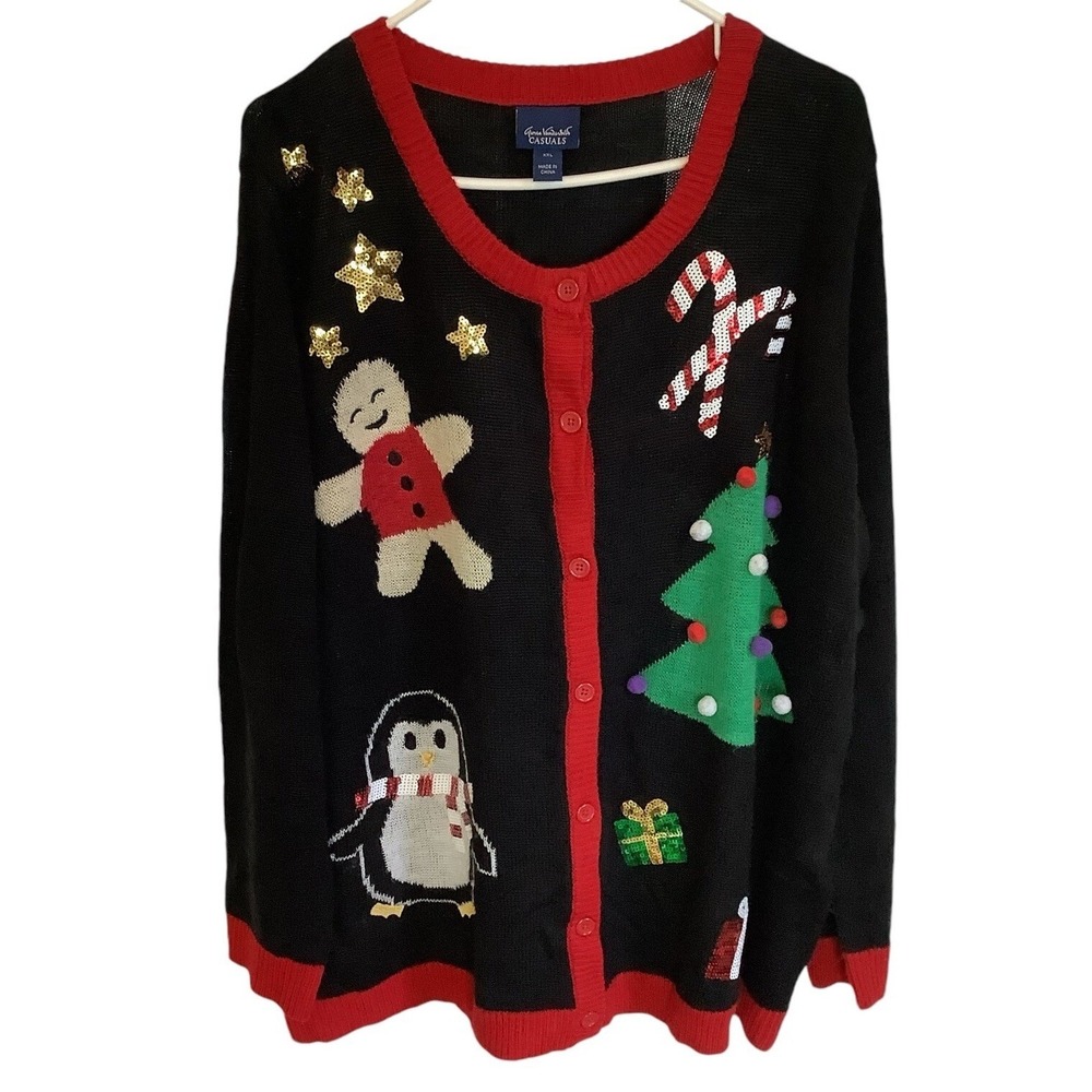 Gloria Vanderbilt Christmas Cardigan Sweater XXL Black Sequin Penguin Tree Pom